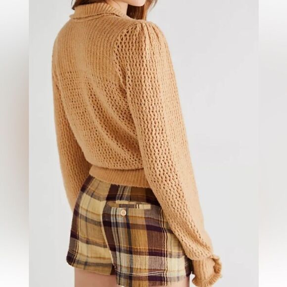 NWT Free People Snowdrift Pullover Camel Heather Ruffled Long Sleeve Collar Chic - Picture 6 of 16